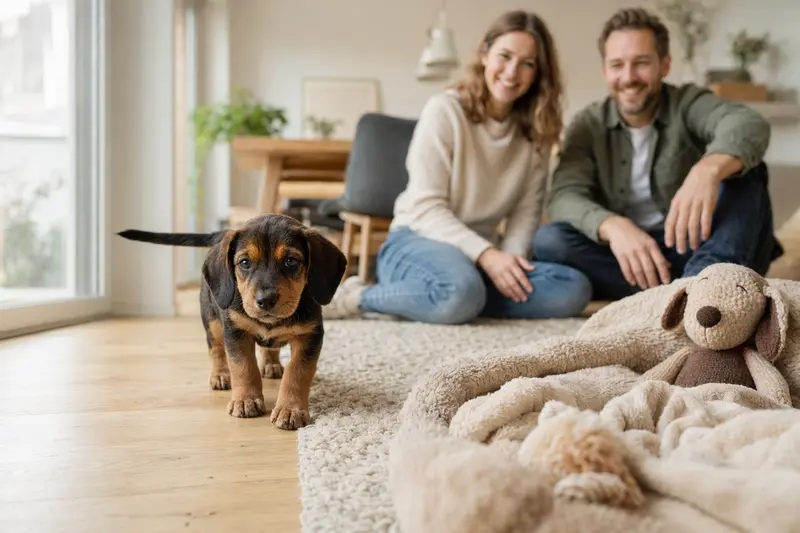 Ein junger Westfälische Dachsbracke Welpe erkundet neugierig sein neues Zuhause mit weicher Decke und Spielzeug.