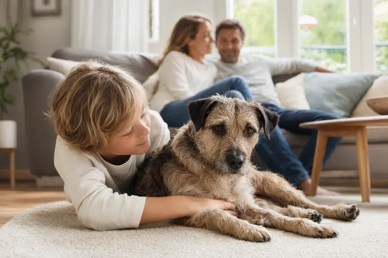 Ein freundlicher Westfalenterrier liegt entspannt neben einem Kind im Wohnzimmer, während die Eltern im Hintergrund eine sichere Familienatmosphäre schaffen.