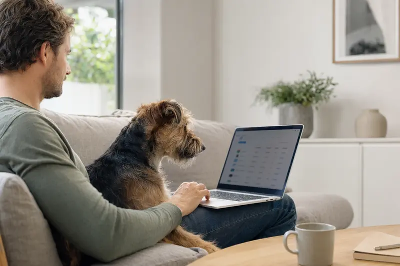 Ein Hundebesitzer sitzt entspannt auf dem Sofa mit einem Westfalenterrier und vergleicht Tierkrankenversicherungen am Laptop.