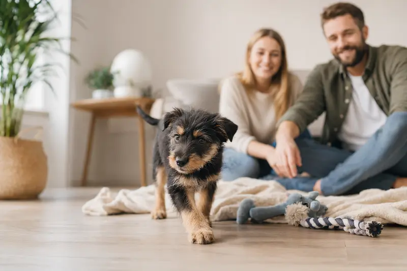 Junger Westfalenterrier-Welpe erkundet neugierig sein neues Zuhause in einer hellen Wohnung mit Decke und Spielzeug.