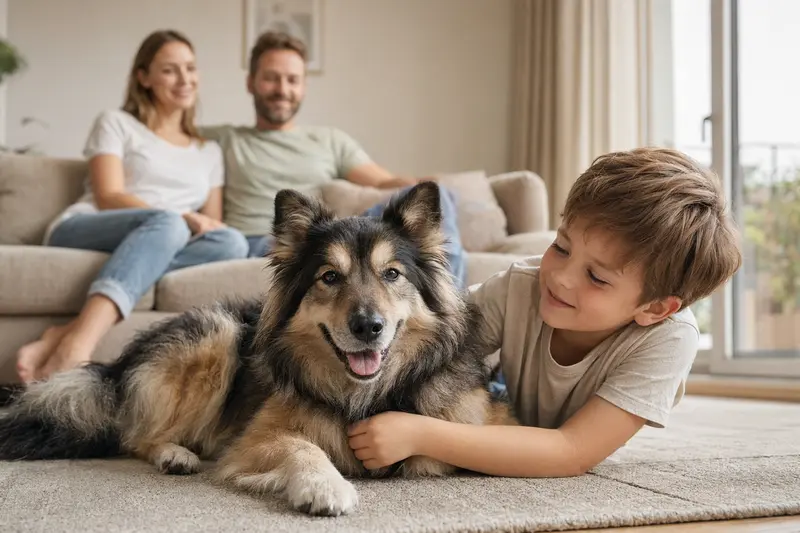 Ein freundlicher Westgotenspitz liegt entspannt neben einem Kind im hellen Wohnzimmer, während Eltern im Hintergrund eine sichere Familienatmosphäre schaffen.