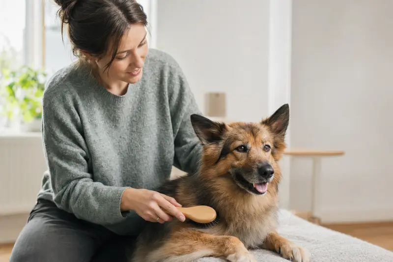 Ein Westgotenspitz wird in einer hellen Wohnung liebevoll gebürstet, während der Besitzer ruhig die Fellpflege übernimmt.