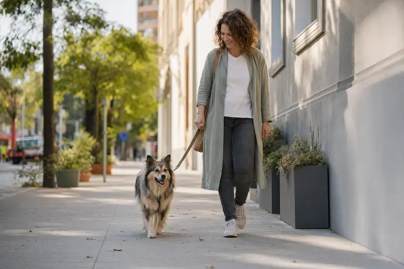Ein Westgotenspitz läuft an der Leine mit seinem Besitzer durch eine freundliche moderne Stadtstraße.