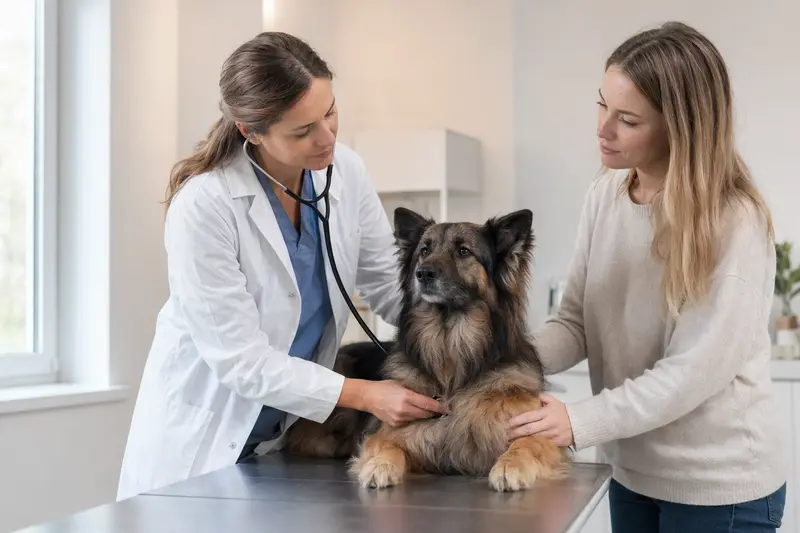 Eine Tierärztin untersucht einen ruhigen Westgotenspitz auf dem Untersuchungstisch mit dem Stethoskop, während der Besitzer beruhigend danebensteht.