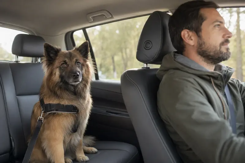 Ein Westgotenspitz sitzt sicher angeschnallt auf der Rückbank eines Autos, während sein Besitzer ruhig fährt.