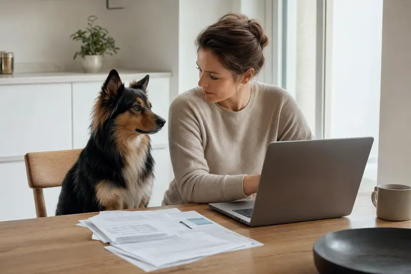 Ein Westgotenspitz sitzt ruhig neben seinem Besitzer am Küchentisch, während Versicherungsunterlagen und ein Laptop mit einer Vergleichsseite vor ihm liegen.