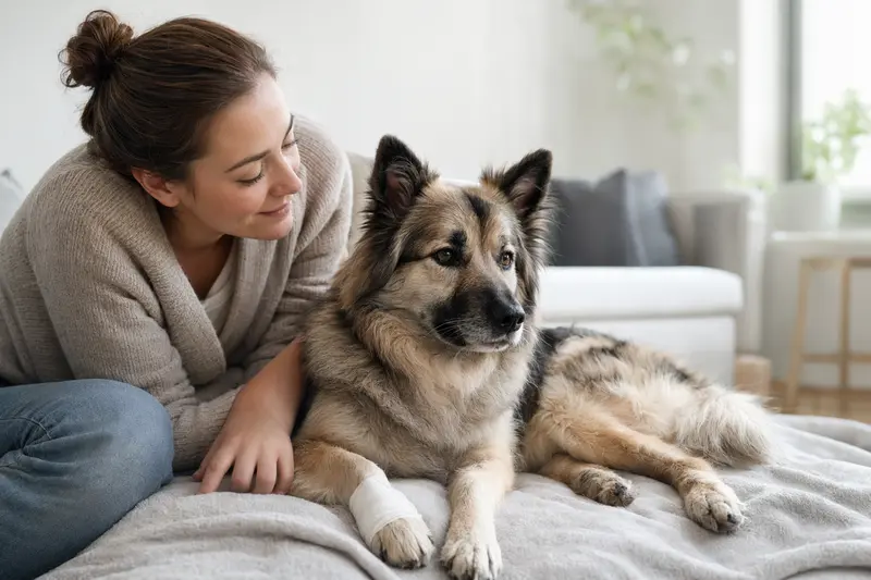 Ein Westgotenspitz mit leicht verbundenen Pfote liegt ruhig auf einer Decke, während sein Besitzer neben ihm erleichtert sitzt.