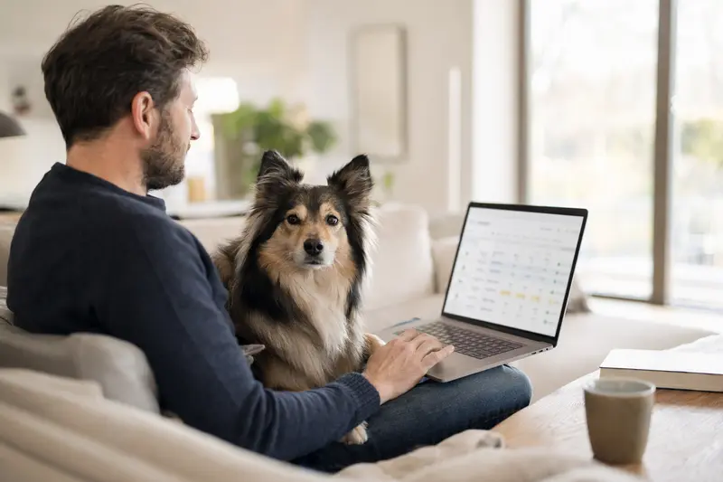 Besitzer sitzt mit Laptop auf dem Sofa, während ein Westgotenspitz Hund entspannt daneben liegt und die Versicherungsmöglichkeiten für Tierarztkosten betrachtet werden.