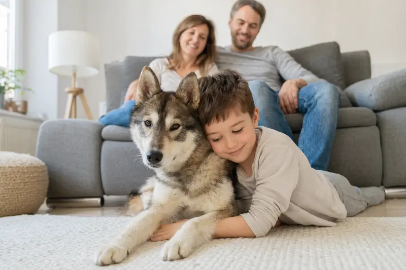 Ein freundlicher Westsibirischer Laika Hund liegt entspannt neben einem Kind in einem hellen Wohnzimmer.