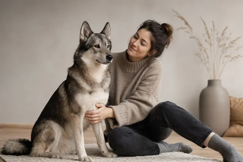 Ein aufmerksamer Westsibirischer Laika Hund vor einem hellen Hintergrund, der seine typische Körperform und Fellstruktur zeigt.