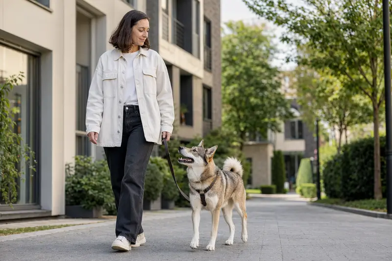 Ein Westsibirischer Laika Hund läuft an der Leine mit seinem Besitzer entspannend durch eine saubere moderne Stadtstraße.