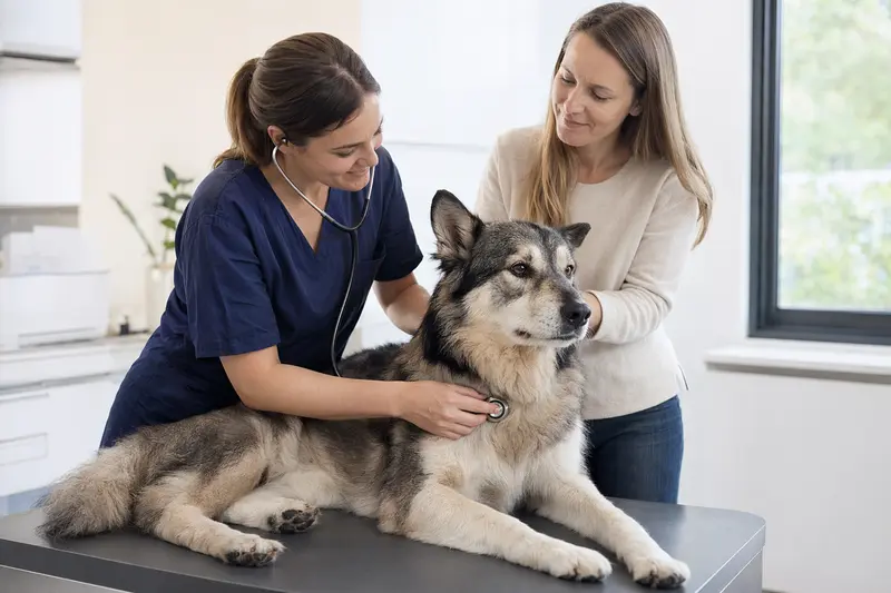 Ein Westsibirischer Laika Hund wird von einer freundlichen Tierärztin in einer modernen Praxis mit einem Stethoskop untersucht, während sein Besitzer beruhigend danebensteht.