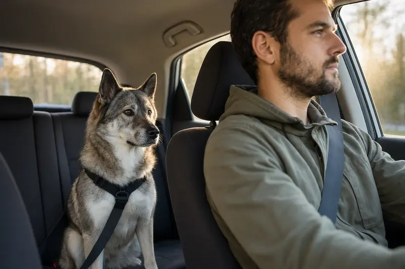 Ein Westsibirischer Laika Hund sitzt sicher im Auto angeschnallt auf der Rückbank, während das Sonnenlicht durch das Fenster strömt.