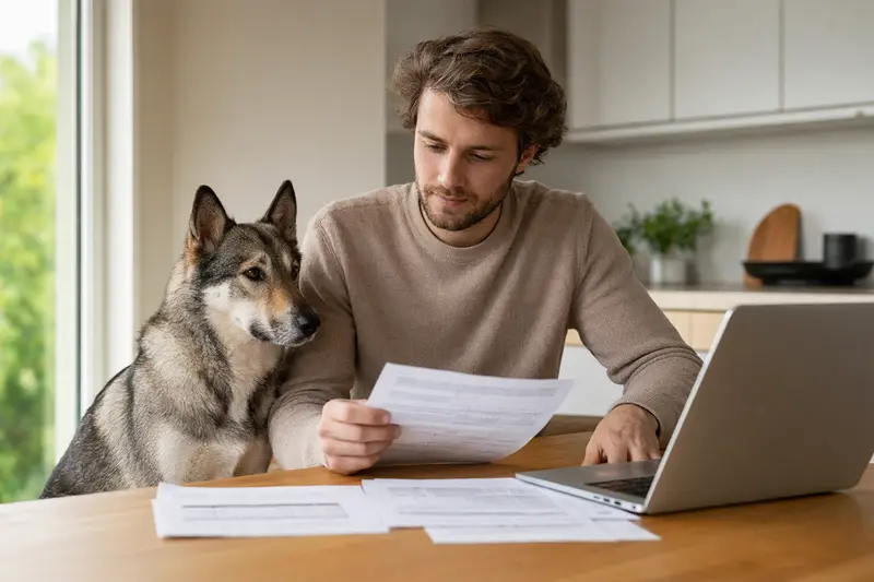 Ein Westsibirischer Laika sitzt entspannt neben seinem Besitzer am Küchentisch, auf dem Versicherungsunterlagen und ein Laptop liegen.