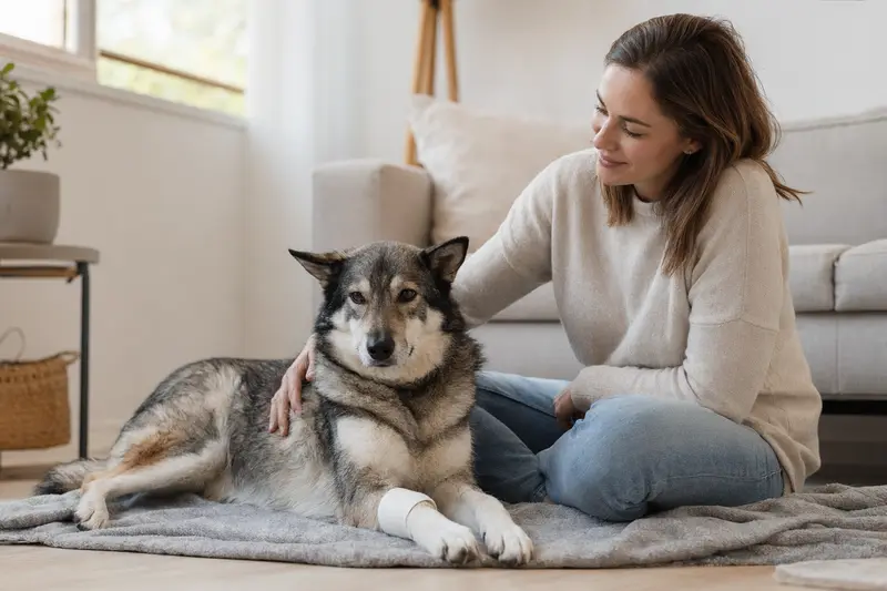 Ein Westsibirischer Laika mit Verband an der Pfote liegt entspannt auf einer Decke neben seinem Besitzer in einer hellen Wohnung.