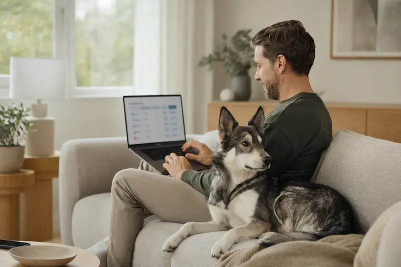 Ein Hundebesitzer arbeitet am Laptop in der hellen Wohnung neben seinem Westsibirischen Laika.
