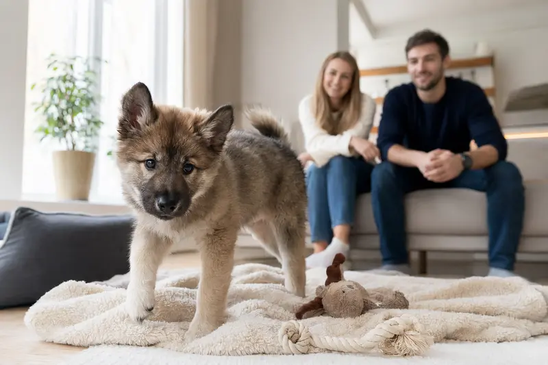 Ein neugieriger Westsibirischer Laika Welpe erkundet seine neue Wohnung mit einer weichen Decke und Spielzeug im Hintergrund.