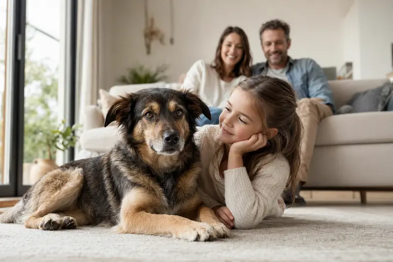 Ein freundlicher Wetterhond Hund liegt entspannt neben einem Kind im Wohnzimmer, umgeben von einer warmen Familienatmosphäre.