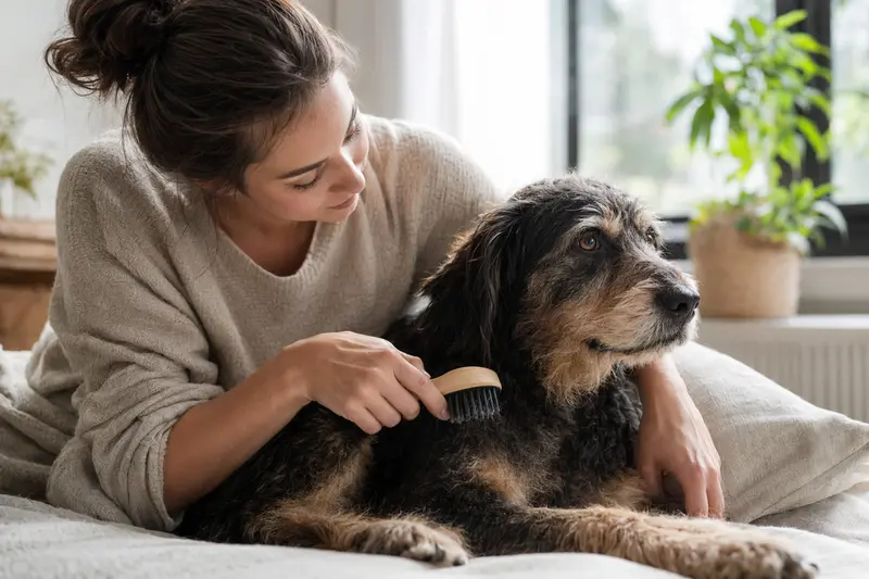 Ein Wetterhond wird liebevoll von seinem Besitzer in einer hellen Wohnung gebürstet, was für eine ruhige Atmosphäre sorgt.
