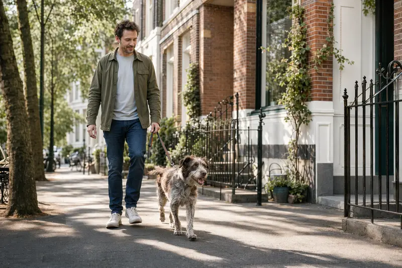 Ein Wetterhond Hund läuft entspannt an der Leine mit seinem Besitzer durch eine moderne Stadtstraße.