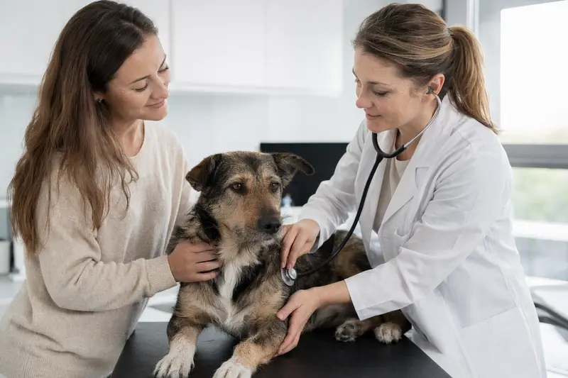 Ein ruhiger Wetterhond wird von einer freundlichen Tierärztin mit einem Stethoskop in einer modernen Tierarztpraxis untersucht, während der Besitzer beruhigend danebensteht.