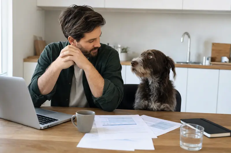 Ein Wetterhond sitzt gelassen neben seinem Besitzer am Küchentisch, auf dem Laptop und Versicherungsunterlagen zu sehen sind.