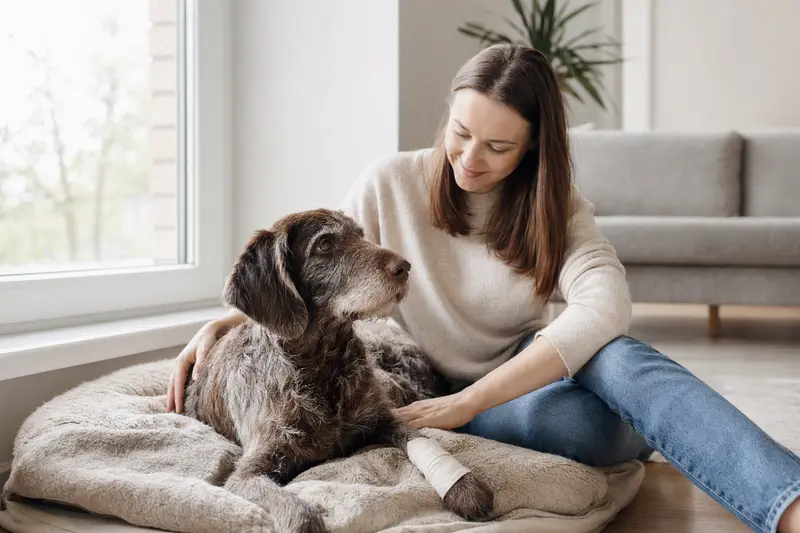 Ein Wetterhond Hund mit leichtem Verband an der Pfote liegt ruhig auf einer Decke, während sein Besitzer erleichtert daneben sitzt.