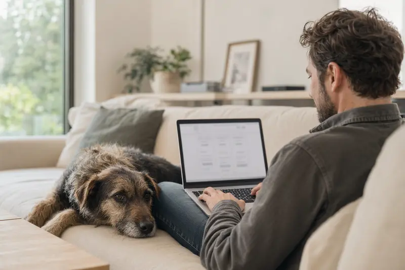 Ein Hundebesitzer sitzt mit einem Laptop auf dem Sofa neben seinem Hund und vergleicht Versicherungen.