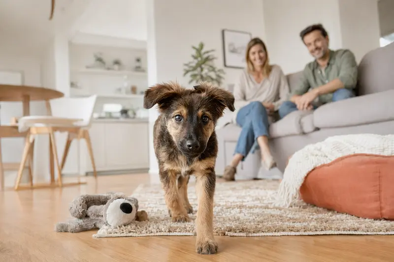 Ein neugieriger Wetterhond Welpe erkundet seine neue, helle Wohnung mit einer weichen Decke und Spielzeug im Hintergrund.