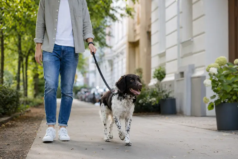 Ein Wetterhoun Hund läuft entspannt an der Leine mit seinem Besitzer durch eine moderne Stadtstraße.