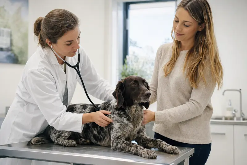 Ein ruhiger Wetterhoun Hund wird behutsam von einer freundlichen Tierärztin auf einem Untersuchungstisch untersucht.