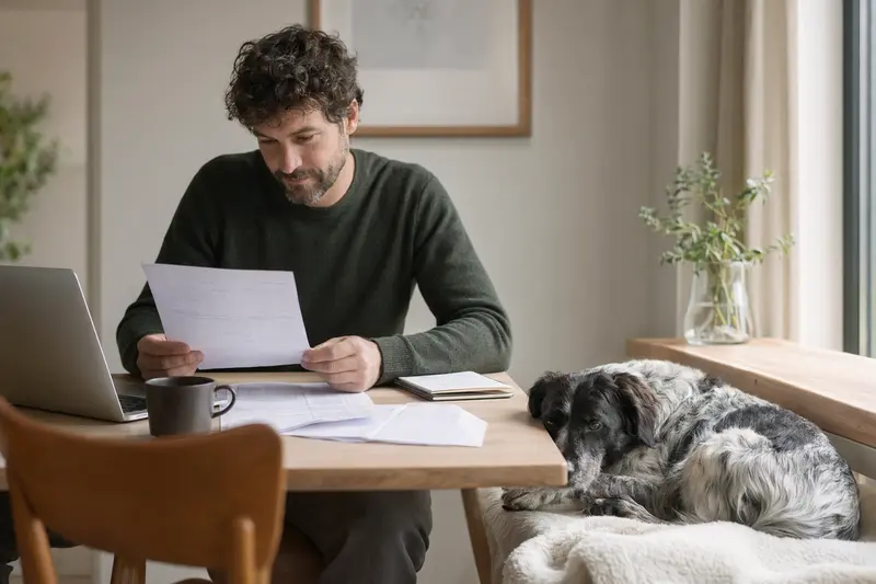 Ein Hundebesitzer sitzt mit einer Tierarztrechnung am Tisch, während ein entspannter Wetterhoun auf einer Decke liegt und die Tierkosten ruhig wirkt.