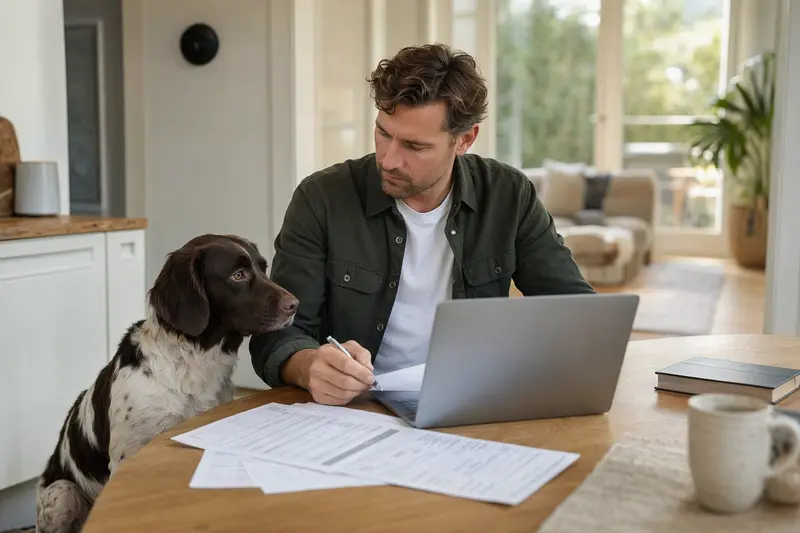 Ein Wetterhoun Hund sitzt entspannt neben seinem Besitzer am Küchentisch, auf dem Versicherungsunterlagen und ein Laptop liegen.