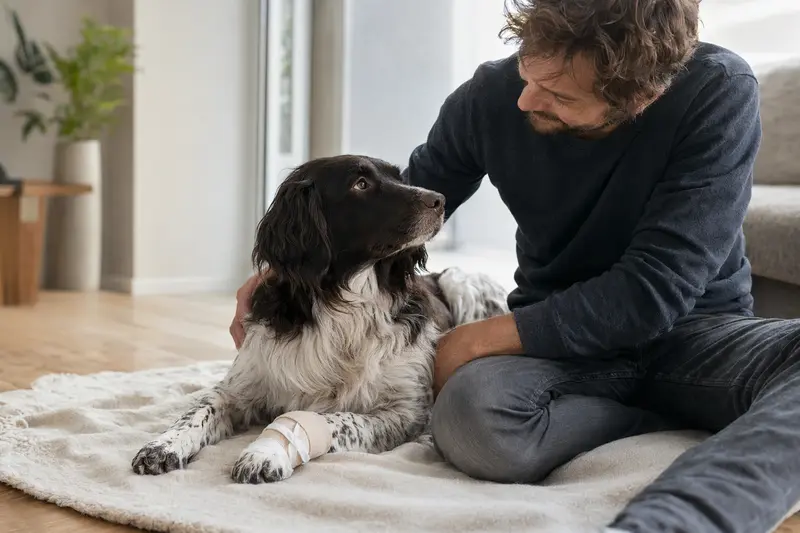 Ein Wetterhoun Hund mit leichtem Verband liegt entspannt auf einer Decke neben seinem erleichterten Besitzer in einer hellen Wohnung.