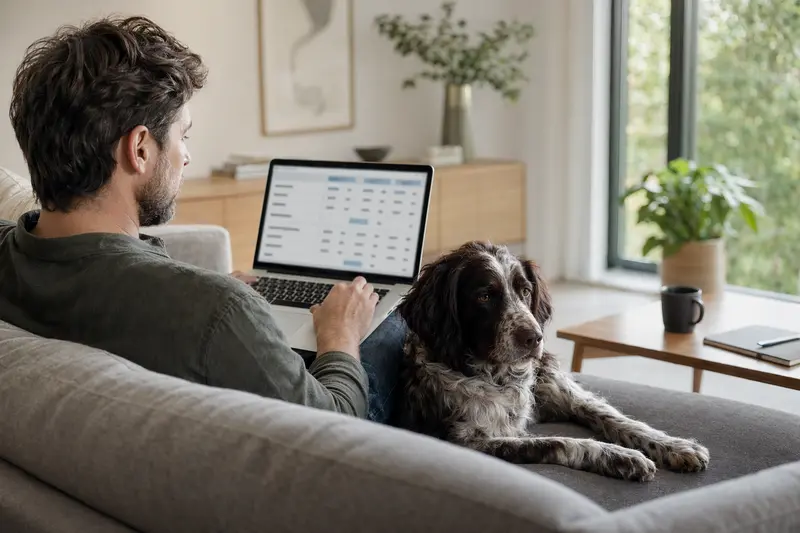 Ein Besitzer sitzt entspannt auf dem Sofa mit seinem Wetterhoun-Hund und vergleicht Tierversicherungen auf dem Laptop.