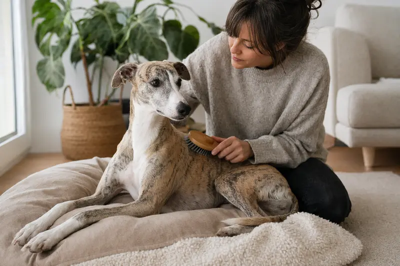 Ein Whippet wird in einer hellen Wohnung sanft gebürstet, während sich der Besitzer liebevoll um die Fellpflege kümmert.