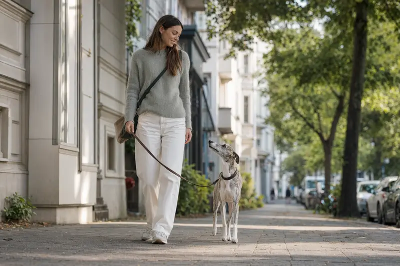 Ein Whippet läuft an der Leine mit seinem Besitzer durch eine moderne Stadtstraße.