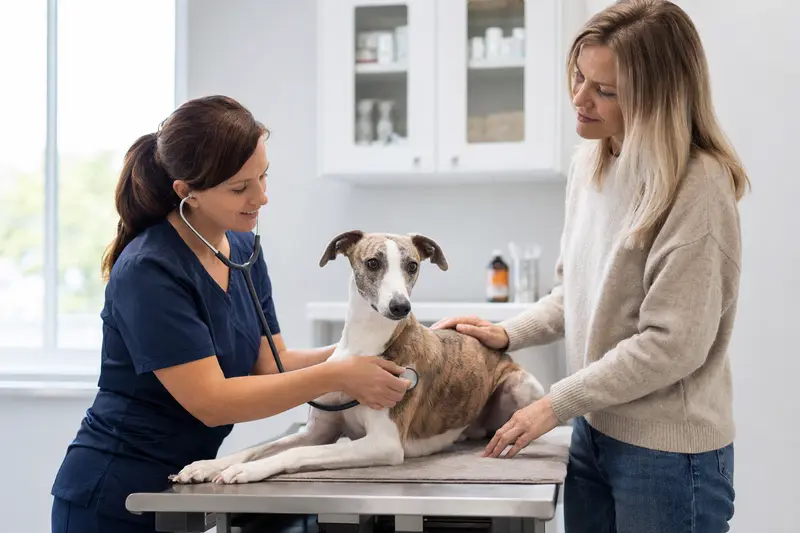 Ein ruhiger Whippet Hund liegt auf einem Untersuchungstisch, während eine freundliche Tierärztin ihn mit einem Stethoskop untersucht und der Besitzer beruhigend danebensteht.