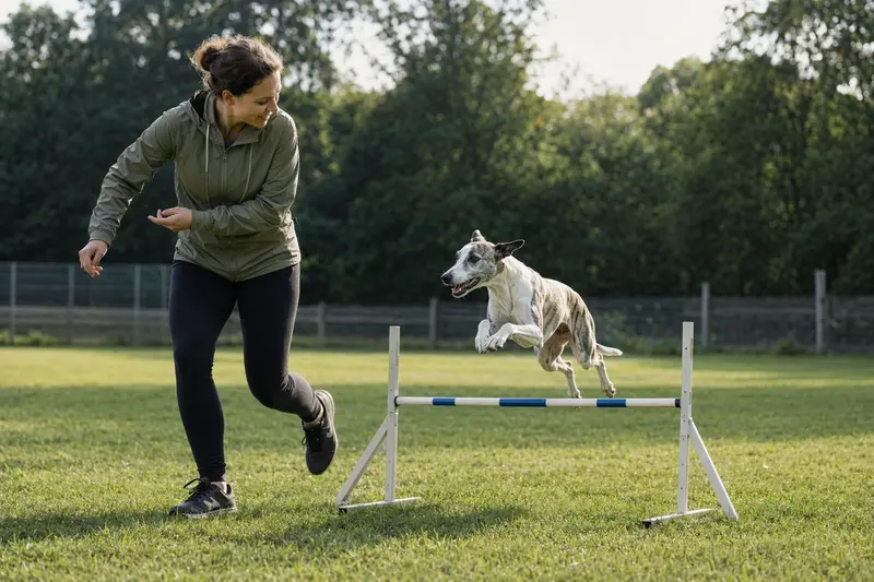 Ein Whippet trainiert mit seinem Besitzer auf einem Hundeplatz über eine kleine Hürde, während die Sonne klar scheint.