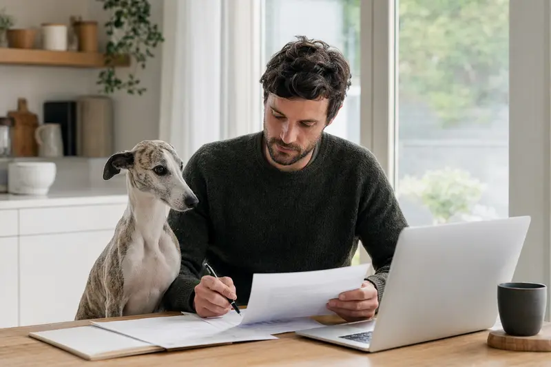 Ein Whippet Hund sitzt entspannt neben seinem Besitzer am Küchentisch, während auf dem Tisch Versicherungsunterlagen und ein Laptop liegen.