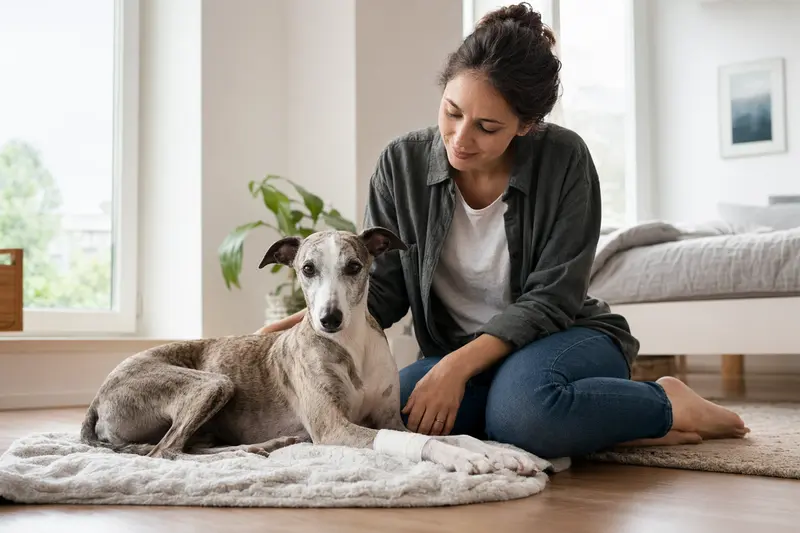Ein Whippet mit einem Verband an der Pfote liegt neben seinem Besitzer in einer hellen Wohnung und vermittelt eine fürsorgliche Atmosphäre.