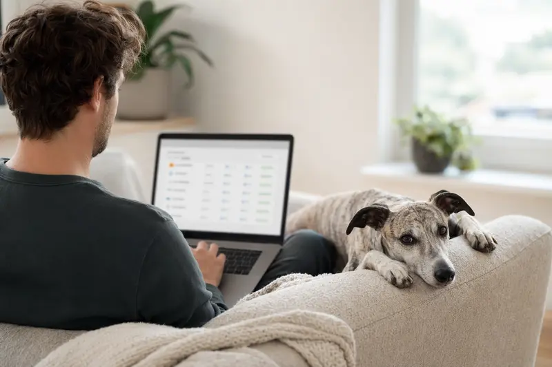 Ein Whippet Hund liegt neben dem Laptop seines Besitzers, der auf dem Sofa sitzt und eine Versicherungsvergleichs-Website betrachtet.