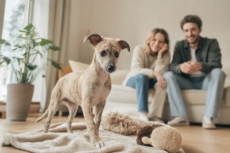 Ein neugieriger Whippet Welpe entdeckt sein neues Zuhause mit Spielzeug und einer liebevollen Familie im Hintergrund.