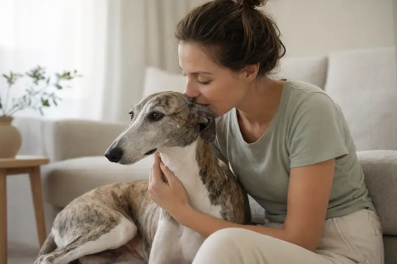 Ein Windhund steht aufmerksam in natürlicher Haltung vor hellem Hintergrund und zeigt seine typische, elegante Körperform.