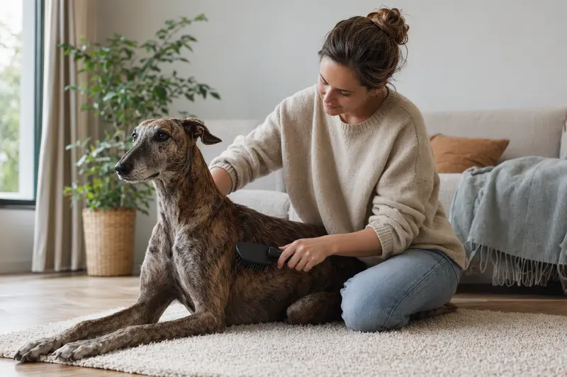 Ein Windhund wird in einer hellen Wohnung sanft von seinem Besitzer gebürstet und gepflegt.