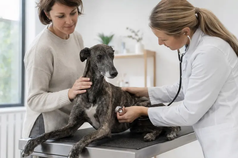 Ein entspannter Windhund wird von einer freundlichen Tierärztin mit einem Stethoskop in einer modernen Tierarztpraxis untersucht.