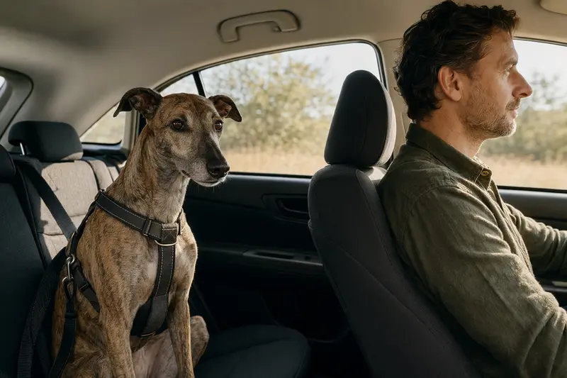 Ein Windhund sitzt angeschnallt auf der Rückbank eines Autos, während der Besitzer ruhig fährt und Sonnenlicht durch das Fenster strömt.
