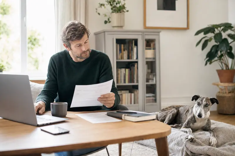 Ein Hundehalter sitzt mit einer Tierarztrechnung am Tisch, während ein entspannter Windhund auf einer Decke in einer hellen Wohnung liegt.