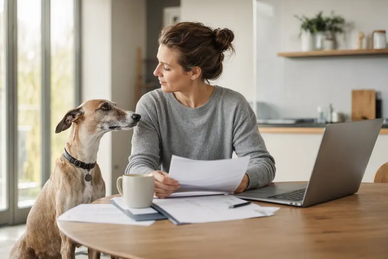 Ein Windhund sitzt entspannt neben seinem Besitzer am Tisch mit Versicherungsunterlagen und einem Laptop.