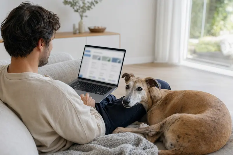 Ein Besitzer sitzt mit einem Laptop auf dem Sofa, während ein Windhund entspannt daneben liegt und eine neutrale Versicherungsvergleichs-Oberfläche auf dem Bildschirm angezeigt wird.